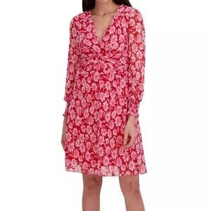 NEW JULIA JORDAN Red Pink Floral Dress V Neck